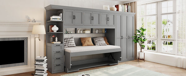English Elm Twin Murphy Wall Bed with Integrated Desk Wardrobe and Storage Cabinet in White LP000767AAE