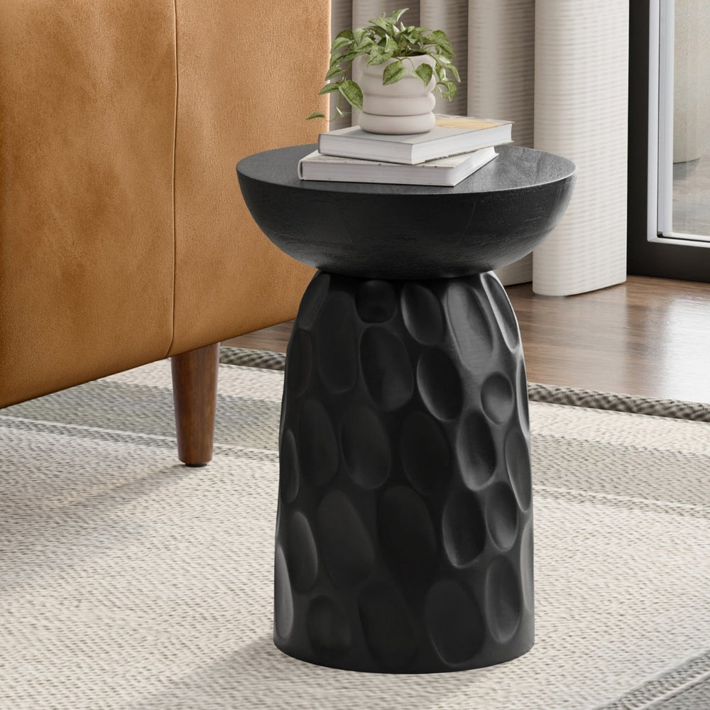 English Elm Boyd Solid Mango Wood Accent Table Hand Carved Geometric Matte Black Sculptural Side B136P414668