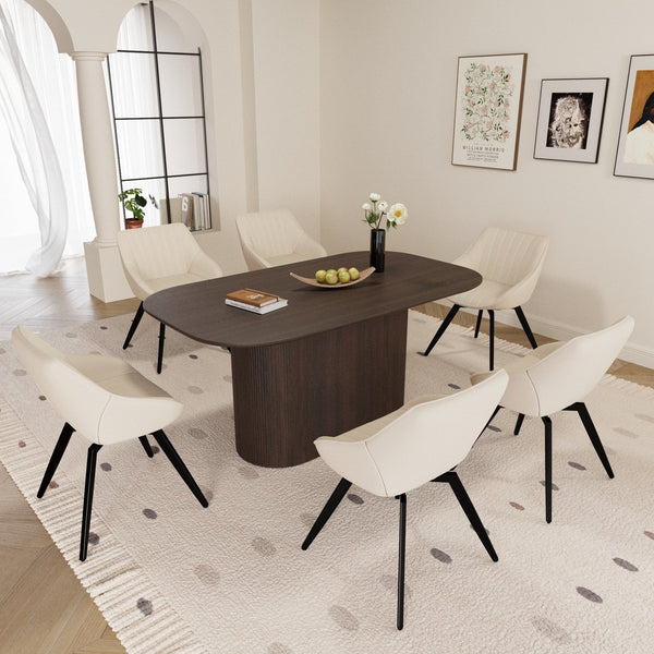 English Elm 63" Medieval-Modern Brown Mdf Dining Table Set With 6 Beige Pu Chairs & Black Metal Legs For Elegance W2189S00690