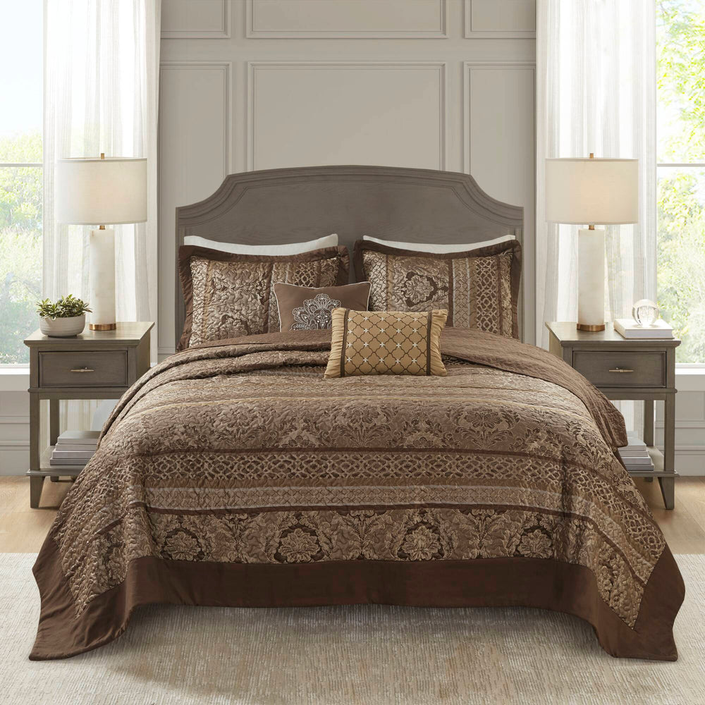 JLA Home Madison Park - 5 Reversible Jacquard Bedspread Set with Quilted Polyester, Brown Gold Elegance and Decorative Pillows 118 L x 120 W x 0.25H MP13-5319