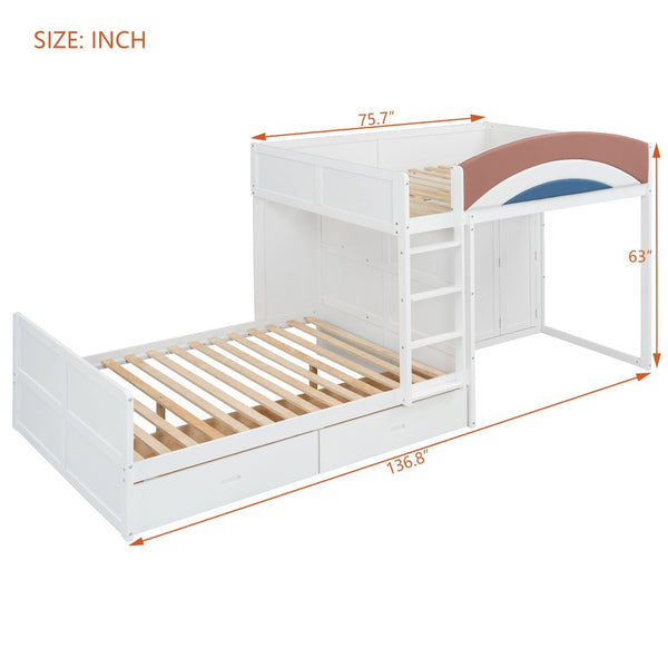 English Elm Full Size Offset Bunk Bed with Wardrobe Hanging Rod Drawers and Upholstered Rail White N820S00081K