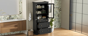 English Elm 70.1" Modern Tall Storage Cabinet with 3 Drawers, 2 Adjustable Shelves, Soft-Close Glass Doors, Gold Handles Black N729P271979B
