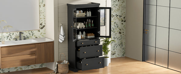 English Elm 70.1" Modern Tall Storage Cabinet with 3 Drawers, 2 Adjustable Shelves, Soft-Close Glass Doors, Gold Handles Black N729P271979B
