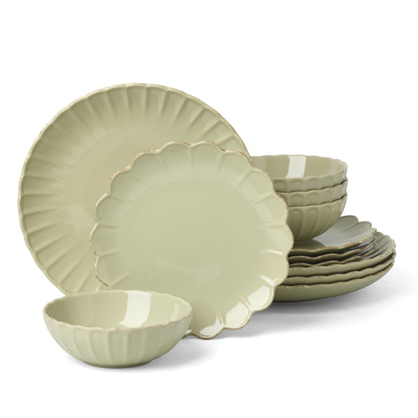 Lenox French Country Stoneware Dinnerware Set Scalloped Rim Matcha Glaze Service for 4 899745