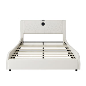 English Elm Queen Luxurious Faux Leather Platform Bed with Thick Headboard, Bluetooth Speakers & RGB Ambience Lights White 62.6 L x 19.69 W x 12.99 H N701P241047C