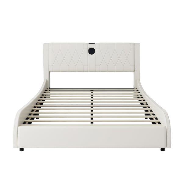English Elm Queen Luxurious Faux Leather Platform Bed with Thick Headboard, Bluetooth Speakers & RGB Ambience Lights White 62.6 L x 19.69 W x 12.99 H N701P241047C