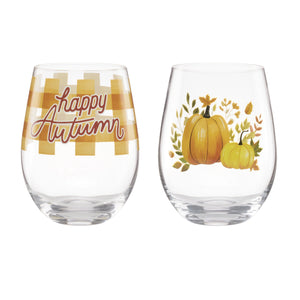 Lenox Harvest Autumn Stemless Wine Glass Set with Pumpkin and Plaid Seasonal Motifs 899823