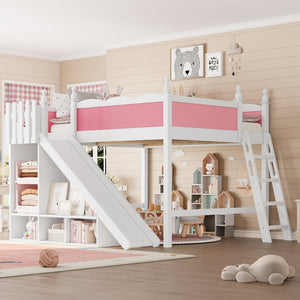 English Elm Queen Loft Bed With Fun Slide, Storage Shelves, Solid Wood Construction, Pink & White Finish, Easy Assemble W1580S00248-GIGA