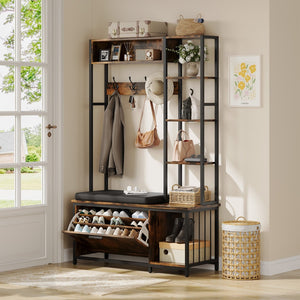 English Elm Hall Tree Entryway Organizer with Cushioned Bench Shoe Cabinet and Coat Hooks Brown+Black T5618P448217