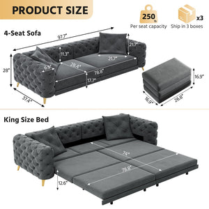 English Elm 97.6" Oversized Velvet Chesterfield Sleeper Sofa Floral Tufted Roll Arm Living Room Couch Dark Grey W1885S00411
