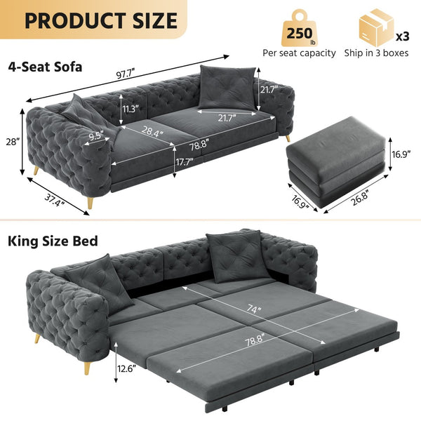 English Elm 97.6" Oversized Velvet Chesterfield Sleeper Sofa Floral Tufted Roll Arm Living Room Couch Dark Grey W1885S00411