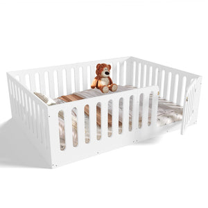 English Elm Queen Solid Pine Montessori Floor Bed for Kids with House Frame and Built-in Door Light White W5305P420638
