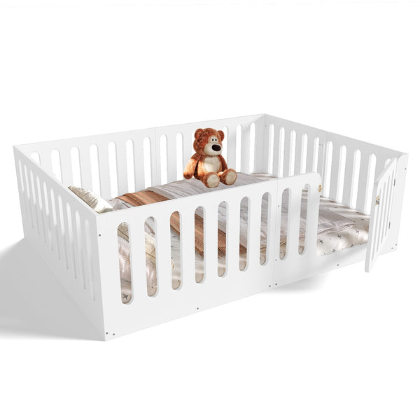 English Elm Queen Solid Pine Montessori Floor Bed for Kids with House Frame and Built-in Door Light White W5305P420638