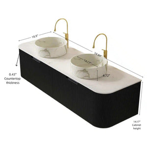 English Elm Dina 60 Inch Floating Bathroom Vanity Sintered Stone Top Dual Glass Basins Wood Grain Black,Carrara White,Stone White W2615S00702