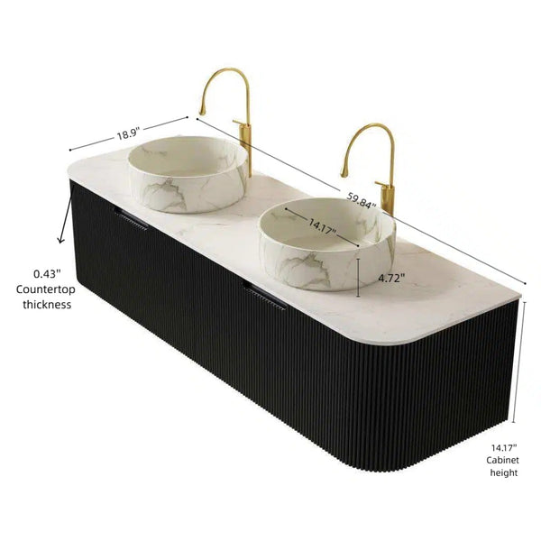 English Elm Dina 60 Inch Floating Bathroom Vanity Sintered Stone Top Dual Glass Basins Wood Grain Black,Carrara White,Stone White W2615S00702