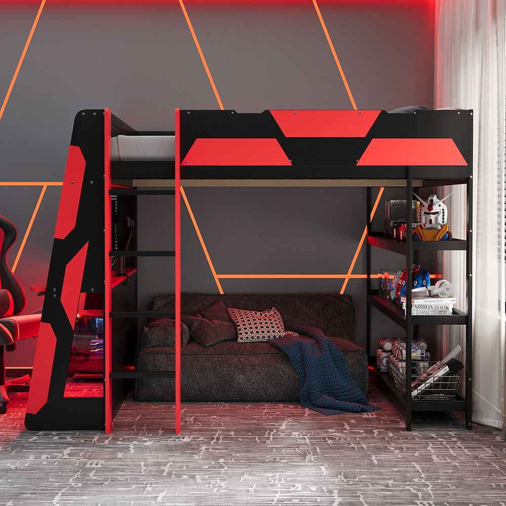 English Elm Full Size Gaming Loft Bed with Led Lighting Desk Shelves and Usb Charging Ports Black+Red N820S00076J