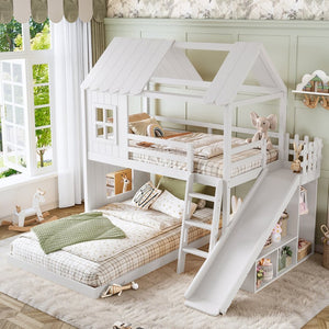 English Elm Twin Over Full Playhouse Bunk Bed with Slide Ladder Storage Shelves and Wardrobe Light White W5305S00039