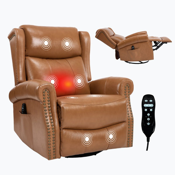English Elm Heat Massage Swivel Rocker Recliner in Genuine Leather for Living Room Comfort W3224S00013