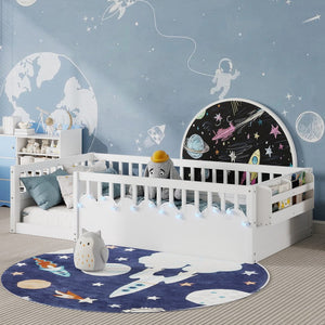 English Elm Twin Montessori Floor Bed Frame with High Rails and Built-In Light Shelf for Safe Independent Sleep White 79.13 L x 13 W x 6.3 H W2593P333565