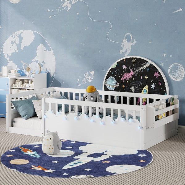 English Elm Twin Montessori Floor Bed Frame with High Rails and Built-In Light Shelf for Safe Independent Sleep White 79.13 L x 13 W x 6.3 H W2593P333565