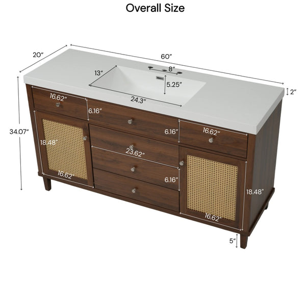 English Elm 60" Boutique Bathroom Vanity Rattan Doors Soft Close Drawers Smc Sink Pine Legs Brown N817P397678B