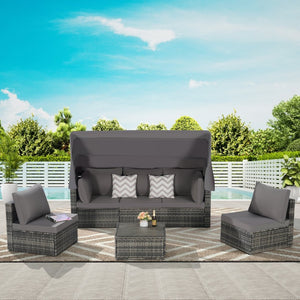 English Elm 5 Piece Outdoor Pe Rattan Daybed Set with Retractable Canopy and Tempered Glass Table Dark Gray W874S00032