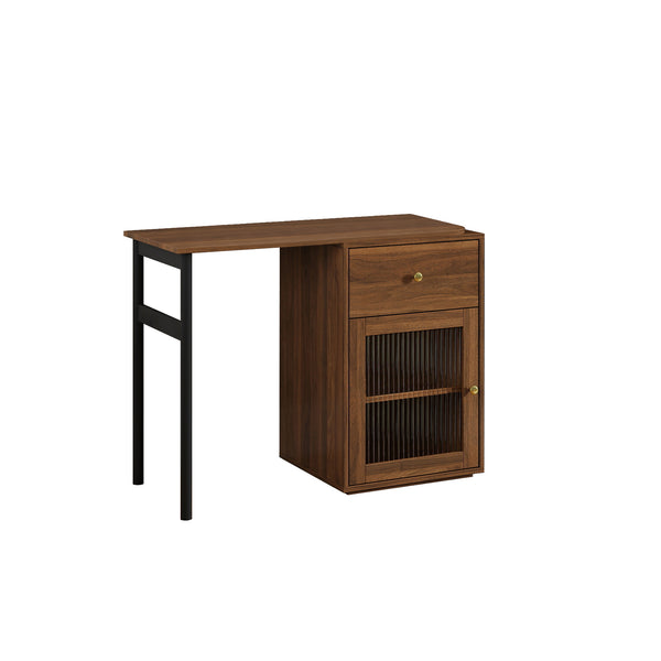 English Elm Computer Desk with Glass Doors, Hutch & Drawer Storage, Rotating 90° Desktop and Spacious Work Surface Walnut W331S00195