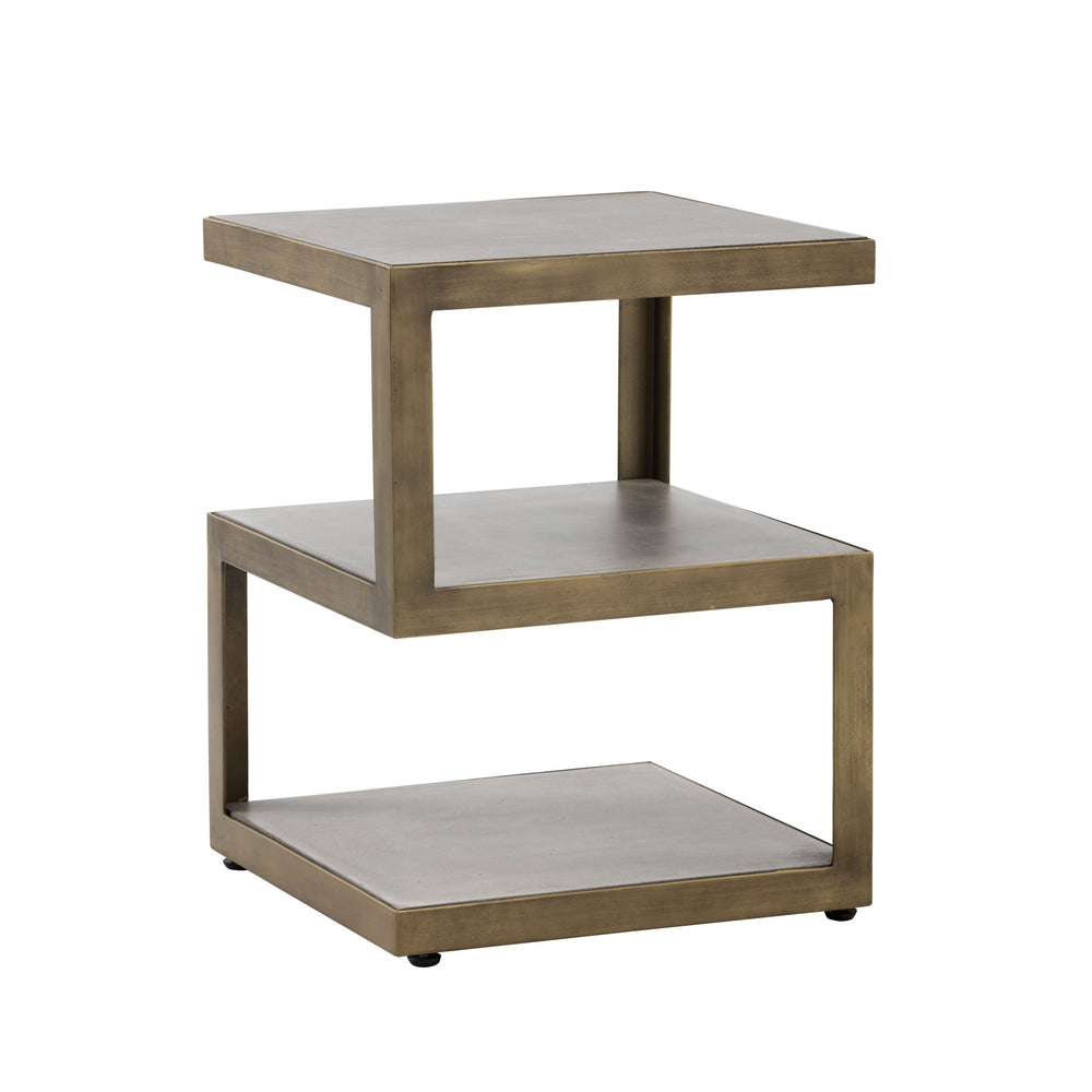 Sunpan Rubix End Table - Modern Tiered Side Table with Unique Concrete Design and Antique Brass Frame