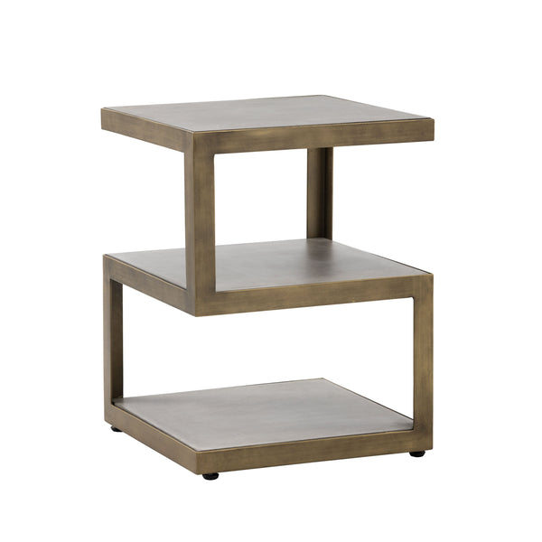 Sunpan Rubix End Table - Modern Tiered Side Table with Unique Concrete Design and Antique Brass Frame