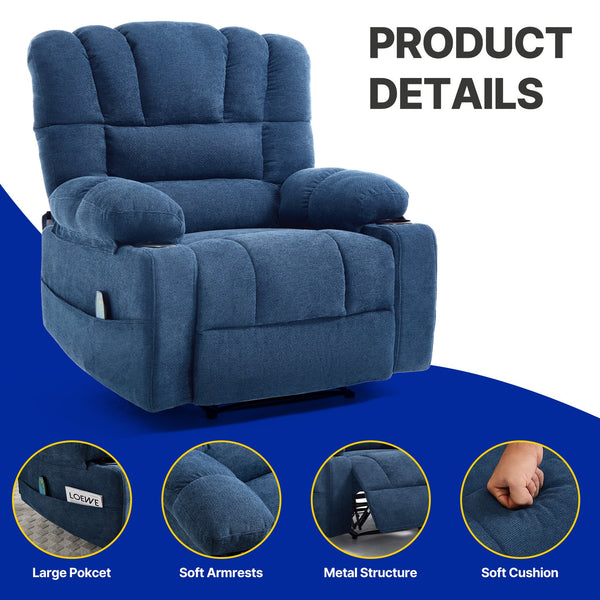 English Elm Living Space Reclining Chair with 8-Point Vibration, Lumbar Heating, Multi-Recline Comfort and Easy Assembly Blue W1403P364988