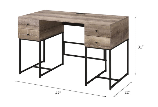 English Elm Desirre Rustic Oak Writing Desk with USB Port, 4 Drawers & Black Metal Sled Base — Industrial Charm B2726P251778