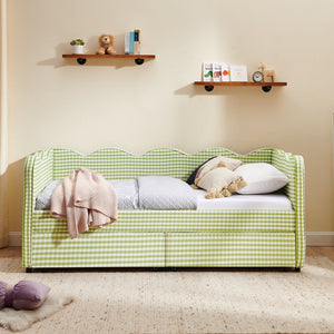 English Elm Twin Gingham Linen Daybed with Wave Silhouette Usb Port and Dual Storage Drawers Green W1413S00143