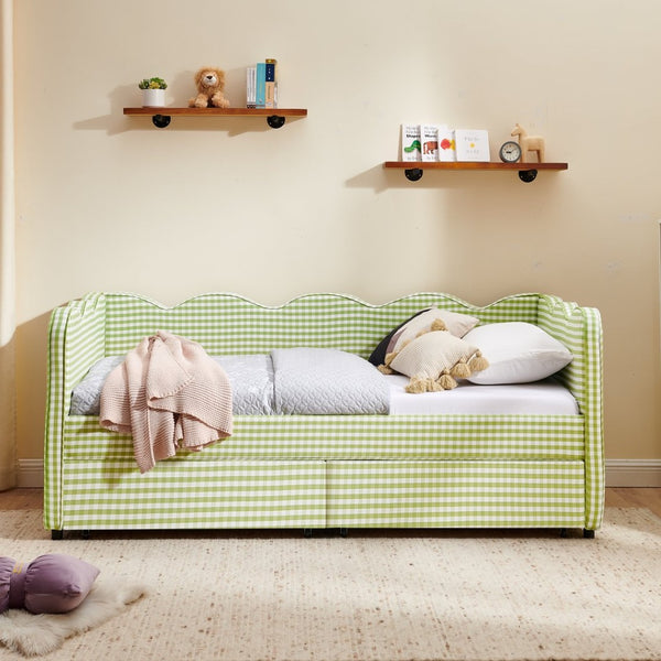 English Elm Twin Gingham Linen Daybed with Wave Silhouette Usb Port and Dual Storage Drawers Green W1413S00143