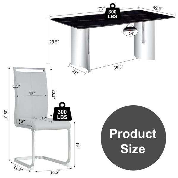 English Elm Table And Chair Set - Modern Glass Top With Black Marble Design And 6 Light Gray Pu Chairs For Dining W1151S02605-GIGA