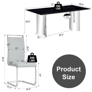 English Elm Table Set With 8 Light Gray Pu Chairs & Stunning Black Marble-Pattern Glass Top, Silver Legs W1151S02606-GIGA