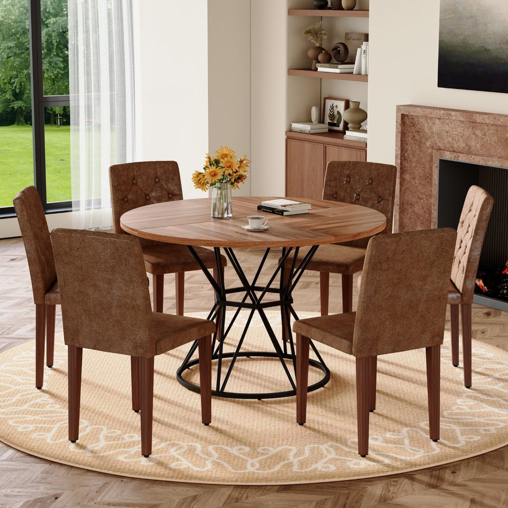 English Elm Table and Chair Set Walnut Round 47 Inch Seats 6 with Tufted Suede Dining Chairs W1151S04854