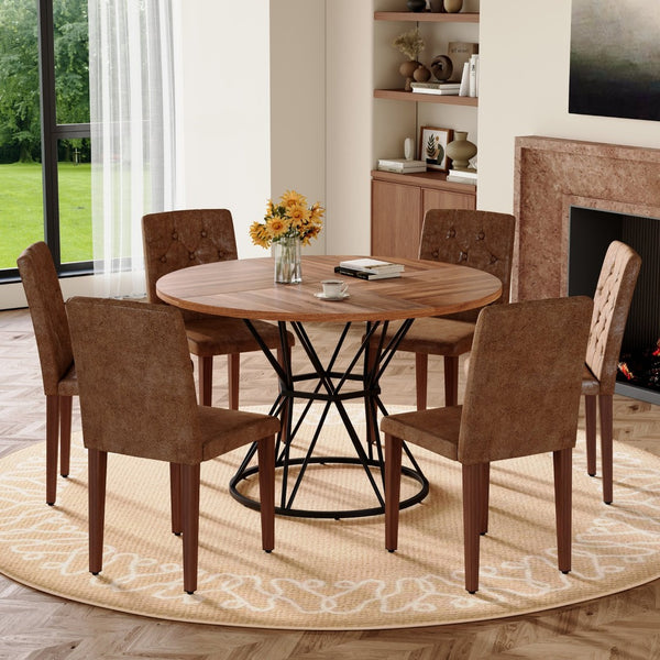 English Elm Table and Chair Set Walnut Round 47 Inch Seats 6 with Tufted Suede Dining Chairs W1151S04854