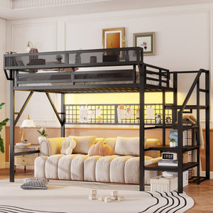 English Elm Queen Metal Loft Bed with Stair Storage Wardrobe Rgb Lighting for Teens Adults W2580S00052