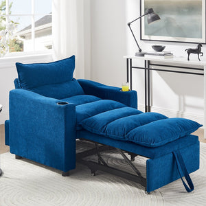 English Elm Sleeper 3-in-1 Convertible Sofa Chair Bed with Lychee Velvet, Adjustable Recline & Cup Holder Blue W1117P265775
