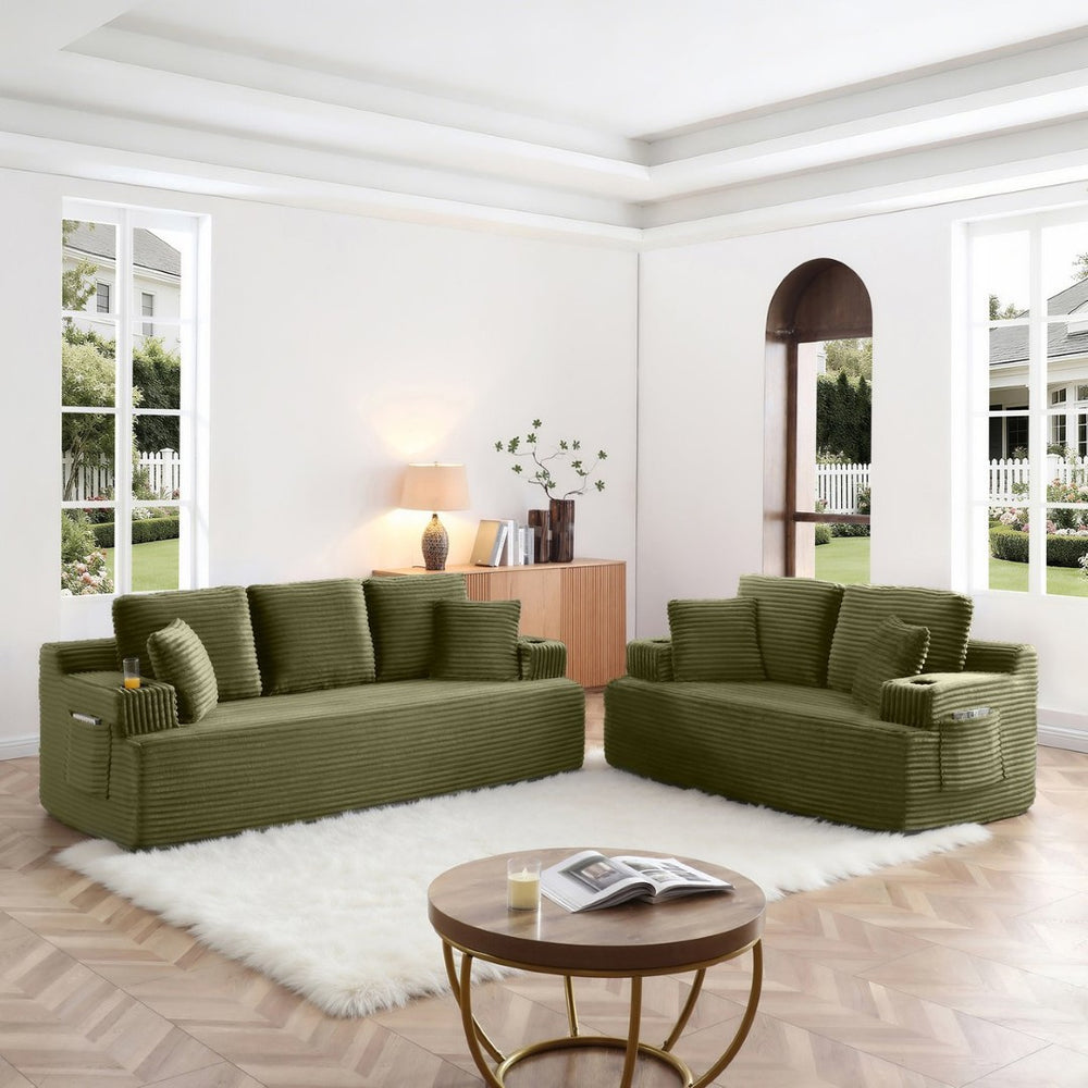 English Elm Boneless Floor Sofa Corduroy Upholstered 5 Seat Low Profile with Cup Holders for Living Room Green W1117S00434