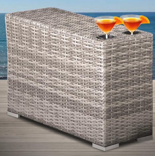 English Elm Fully Assembled Outdoor Side Table - Brown Wicker, Weather-Resistant Teak/HDPE Frame, UV-Stable Top, Compact Elegance B120P205016