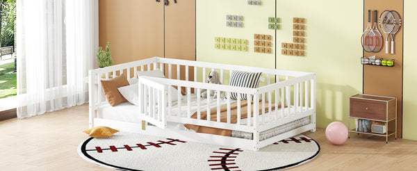 English Elm Twin Montessori Pine Floor Bed with Perimeter Fence Door and Slatted Base for Kids W1820P399071