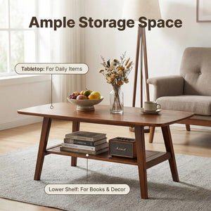 English Elm Mid Century Modern Solid Oak Two Tier Coffee Table with Open Shelf for Living Room Walnut W3204P469105