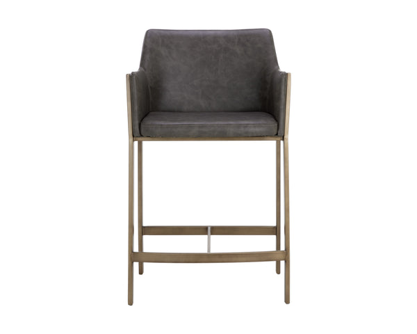 Sunpan Bernadette Counter Stool - Stylish Kendall Grey Faux Leather With Antique Brass Frame Elegance Grey Faux Leather 111432
