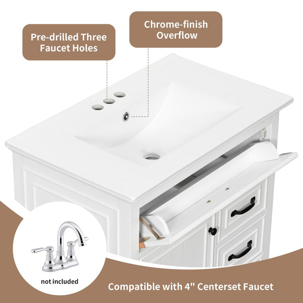 English Elm 30 Inch Freestanding Bathroom Vanity Solid Pine Cabinet Ceramic Sink Top Storage White N725P412782K