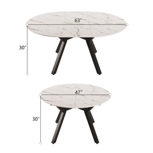 English Elm 47-63 Extendable White Round Dining Table for 4-6, MDF Top & Black Metal Legs, Modern Space-Saving Design W3732S00001