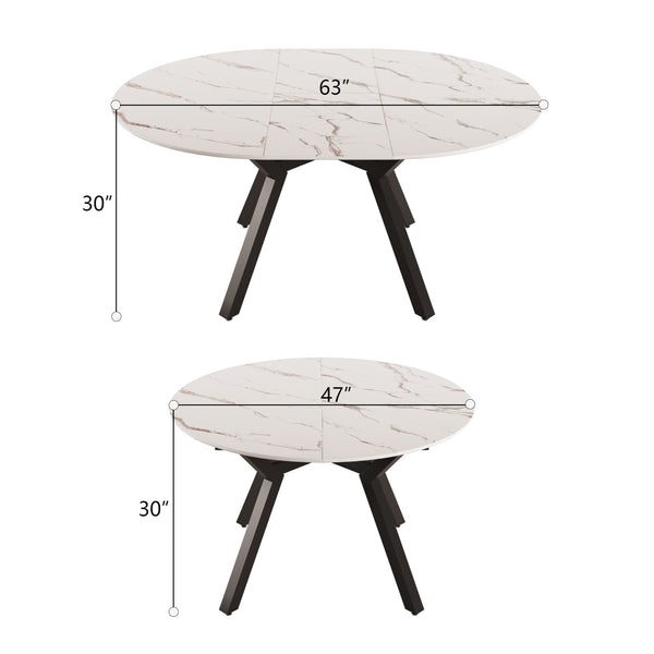 English Elm 47-63 Extendable White Round Dining Table for 4-6, MDF Top & Black Metal Legs, Modern Space-Saving Design W3732S00001