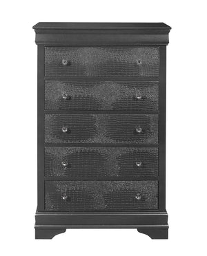 English Elm SHAKER Crocodile Textured Chest with Crystal Hardware, Solid Wood & MDF, Contemporary Tapered Legs Metallic Grey 34.45 L x 18.9 W x 51.57 H B201P215900