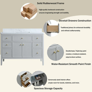 English Elm Fully Assembled 48" Grey Single Sink Bathroom Vanity with Solid Rubberwood, Carrara Top, Soft-Close Drawers W1826P308981