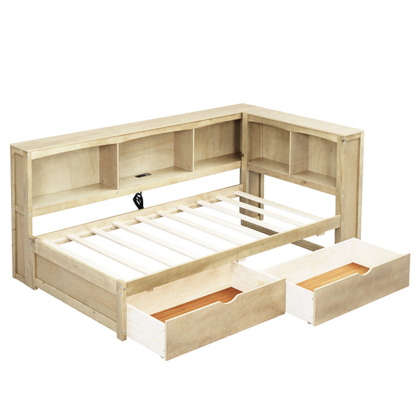 English Elm Twin Twin Size Daybed with USB Charging, Two Storage Drawers & Shelves, Sturdy MDF Frame, 300lb Capacity Wood GX000396AAD